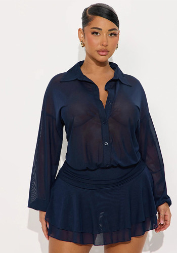 Women Autumn Solid Casual Turndown Collar Ruffled Long-Sleeved Dress