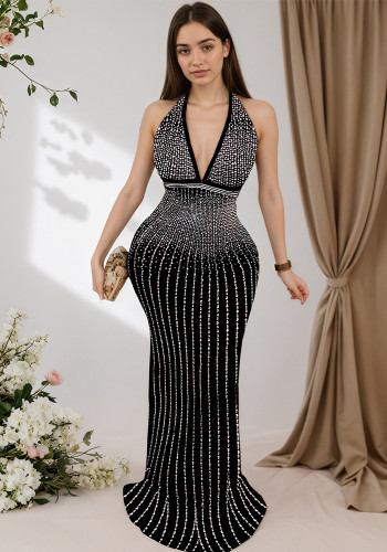 Women's Fashion Embroidered Halter Neck Deep V-Neck Long Gown