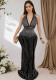 Women's Fashion Embroidered Halter Neck Deep V-Neck Long Gown