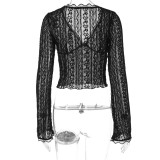 Women's Summer Long Sleeve Lace Trim Sexy V-Neck Slim Top