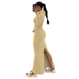Women's Fashion Solid Color Hooded Slit Skirt Two-Piece Set