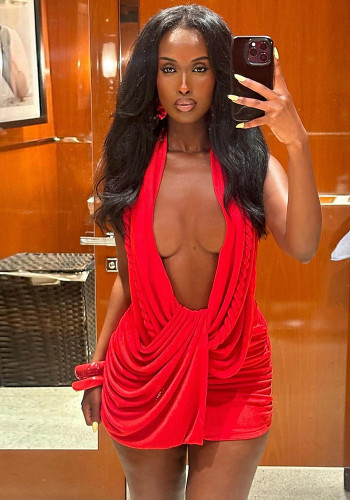 Women's Autumn Winter Sexy Deep V Halter Neck Low Back Bodycon Solid Color Short Dress