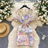 Women Summer French V-Neck Lantern Sleeve Embroidered Mesh Puff Sleeve Dress