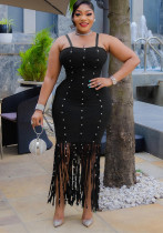 Women Sexy Slash Fringe Beaded Bodycon Dress