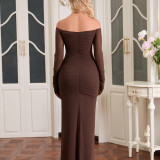 Women's Autumn Winter Mesh See-Through Long Sleeve Sexy Low Back Slim Pleated Bodycon Long Dress