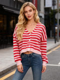 Women's Fashion Color Block Striped Knit V-Neck Casual Sweater