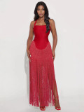 Women Autumn Sexy Strapless Halter Neck Tassel Maxi Dress