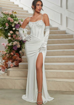 Women Beaded Gathered High Slit Backless Camisole Evening Dress with Gloves