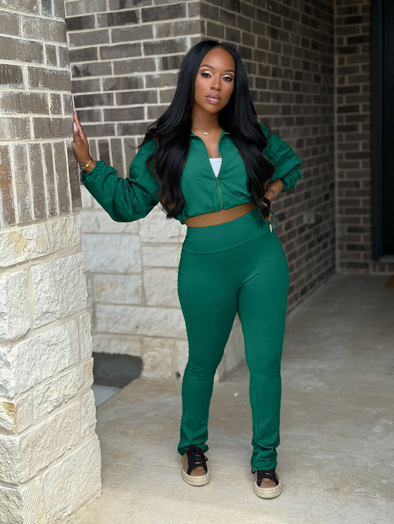 Women Casual Solid Sports Top and Pant Two-Piece Set