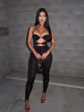 Women's Sexy Cut-Out Metal Patchwork Halter Neck Tight Slim Jumpsuit