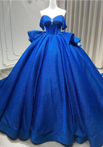 Women's Blue Chiffon Off-Shoulder Fashion Train Beaded A-line Gown Formal Party Evening Dress（Processing time need 3-6 days）