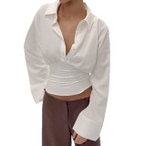 Women Spring/Autumn French Polo Collar Shirt Sleeve Patchwork Solid Top