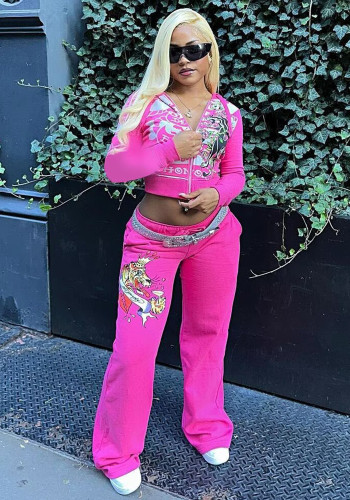 Women's Street Print Zip-Front Short Hoodies High Waist Straight Leg Pants Two-Piece Set