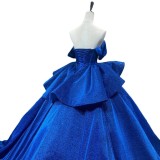 Women's Blue Chiffon Off-Shoulder Fashion Train Beaded A-line Gown Formal Party Evening Dress（Processing time need 3-6 days）