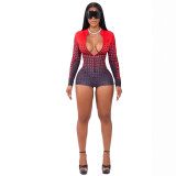 Women's Fashion Sexy Polka Dot Print Zipper Front Long Sleeve Jumpsuit