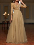 Women's Formal Party Evening Dress Gold Sequin Mesh Patchwork V-Neck Long Gown