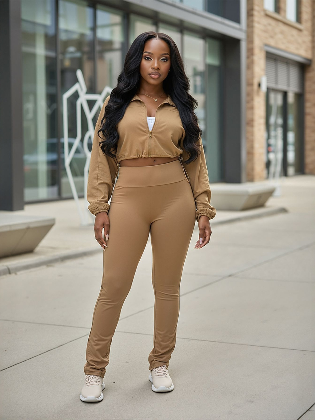 Women Casual Solid Sports Top and Pant Two-Piece Set