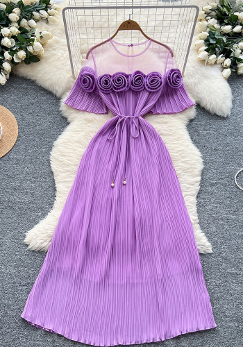 Women Summer French Floral Mesh Patchwork Elegant Pleated Maxi Dress