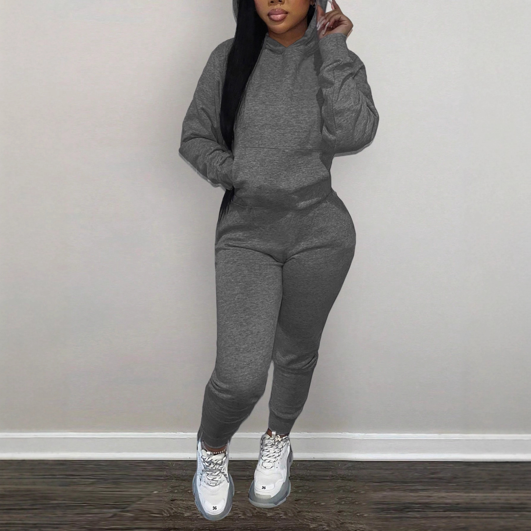 Women Solid Hoodies and Pant Two-Piece Set