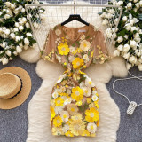Women Summer French V-Neck Lantern Sleeve Embroidered Mesh Puff Sleeve Dress