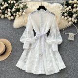 Women French Elegant Lace-Up Hollow-Out Embroidered Dress