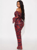 Women Autumn Off-Shoulder Printed Maxi Dress