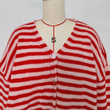 Women's Fashion Color Block Striped Knit V-Neck Casual Sweater