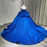 Women's Blue Chiffon Off-Shoulder Fashion Train Beaded A-line Gown Formal Party Evening Dress（Processing time need 3-6 days）