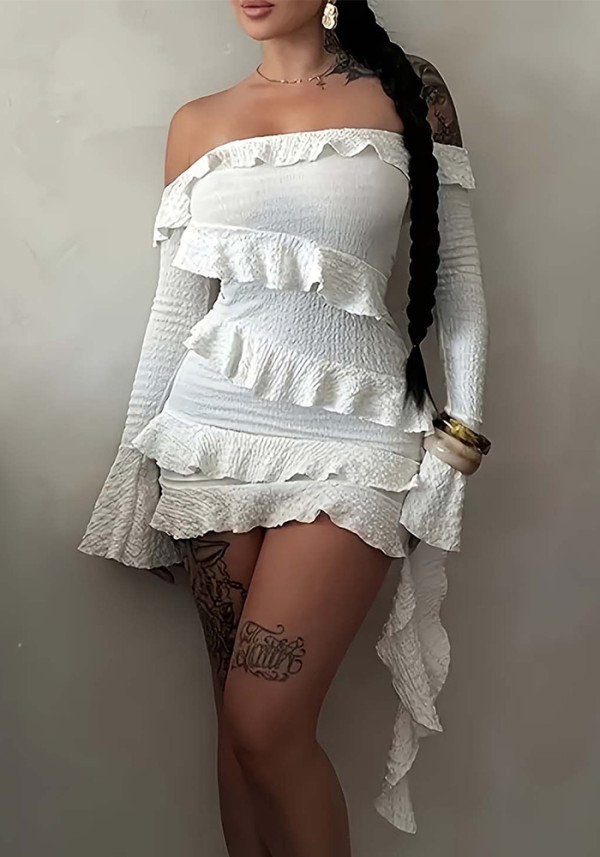 Women Spring/Autumn Sexy Off-Shoulder Ruffled Long-Sleeve Solid Dress