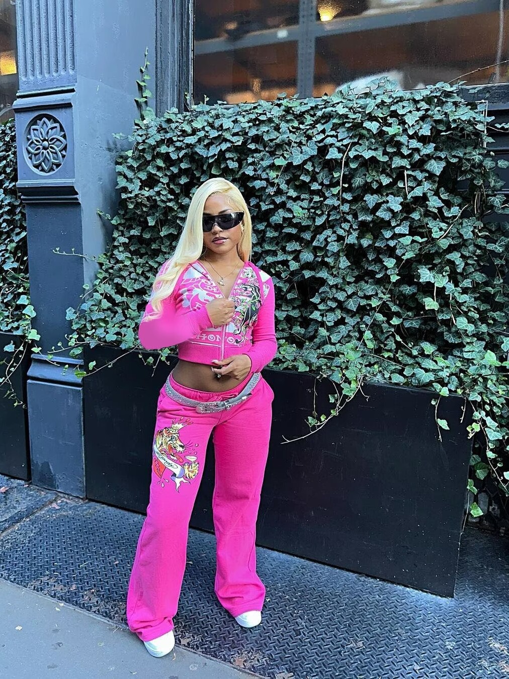 Women's Street Print Zip-Front Short Hoodies High Waist Straight Leg Pants Two-Piece Set