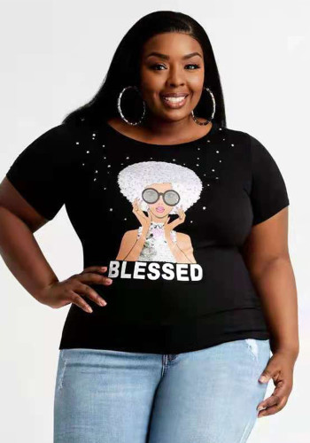 Plus Size Women Summer Letter Portrait Print Round Neck T-Shirt