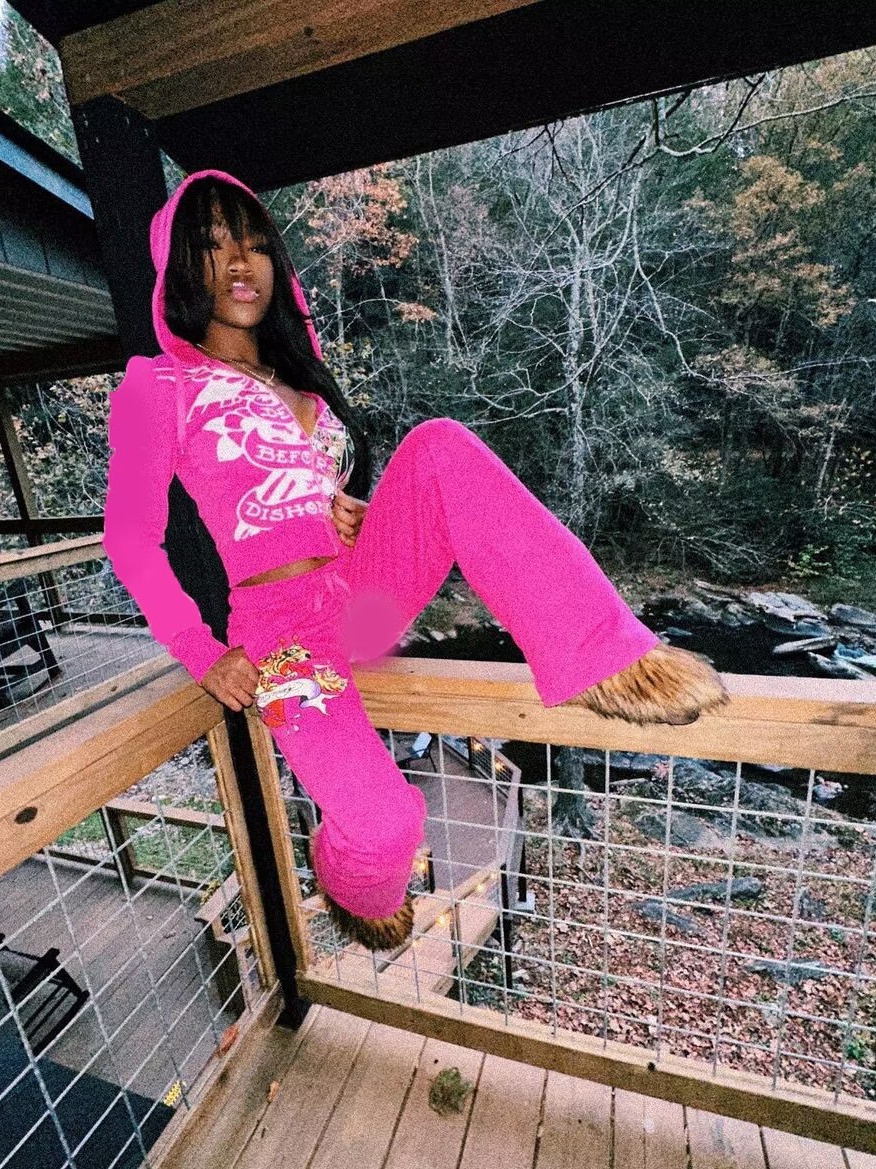 Women's Street Print Zip-Front Short Hoodies High Waist Straight Leg Pants Two-Piece Set