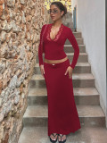 Women Winter Solid Long-Sleeve Lace V-Neck Top and Skirt Two-Piece Set