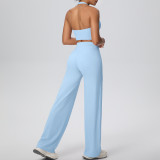Women Solid Halter Neck Top and Wide-Leg Pants Yoga Sports Running Fitness Two-Piece Set