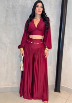 Summer Women's Pleated Cropped Top Wide Leg Pants Two-Piece Set