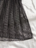 Women's Sexy Black Polka Dot Mesh Lace Patchwork See-Through Thong Strap Nightdress Set