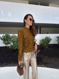 Women's Sheer Solid Round Neck Cut-Out Long Sleeve Lace Cardigan