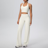 Women Solid Halter Neck Top and Wide-Leg Pants Yoga Sports Running Fitness Two-Piece Set