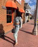 Women's Fashion Sexy Casual High Stretch Patchwork Washed Denim Two-Piece Pants Set