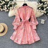 Women French Elegant Lace-Up Hollow-Out Embroidered Dress