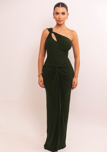 Women's Sexy Glitter One-Shoulder Pleated Slim Fit Long Dress