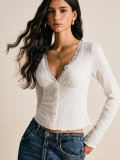 Women Autumn/Winter Lace V-Neck Long Sleeve T-Shirt Top
