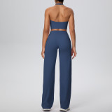 Women Solid Halter Neck Top and Wide-Leg Pants Yoga Sports Running Fitness Two-Piece Set