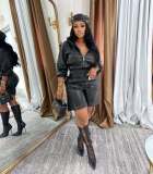 Women's Leather Hooded Long Sleeve Shorts Set