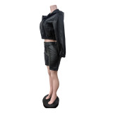 Women's Leather Hooded Long Sleeve Shorts Set