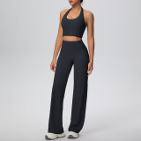 Women Solid Halter Neck Top and Wide-Leg Pants Yoga Sports Running Fitness Two-Piece Set