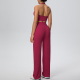 Women Solid Halter Neck Top and Wide-Leg Pants Yoga Sports Running Fitness Two-Piece Set