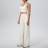Women Solid Halter Neck Top and Wide-Leg Pants Yoga Sports Running Fitness Two-Piece Set