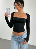 Women Sexy Square Neck Long Sleeve T-Shirt