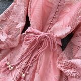 Women French Elegant Lace-Up Hollow-Out Embroidered Dress